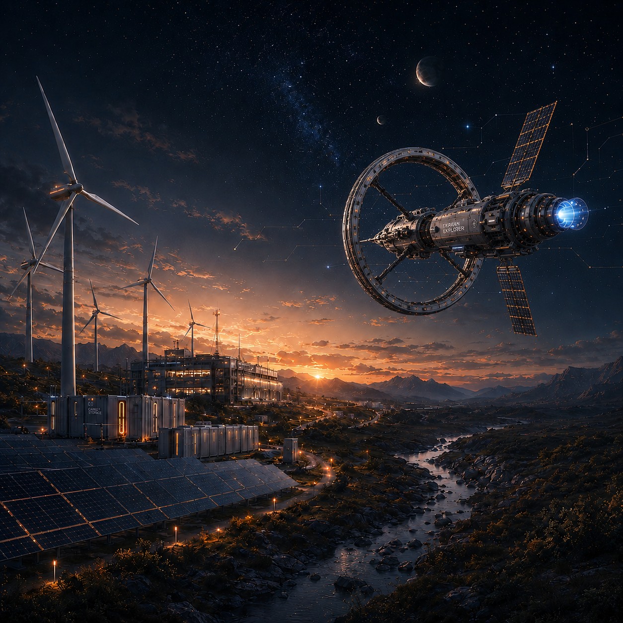 A renewable energy landscape transitioning naturally into a spacecraft exploring space